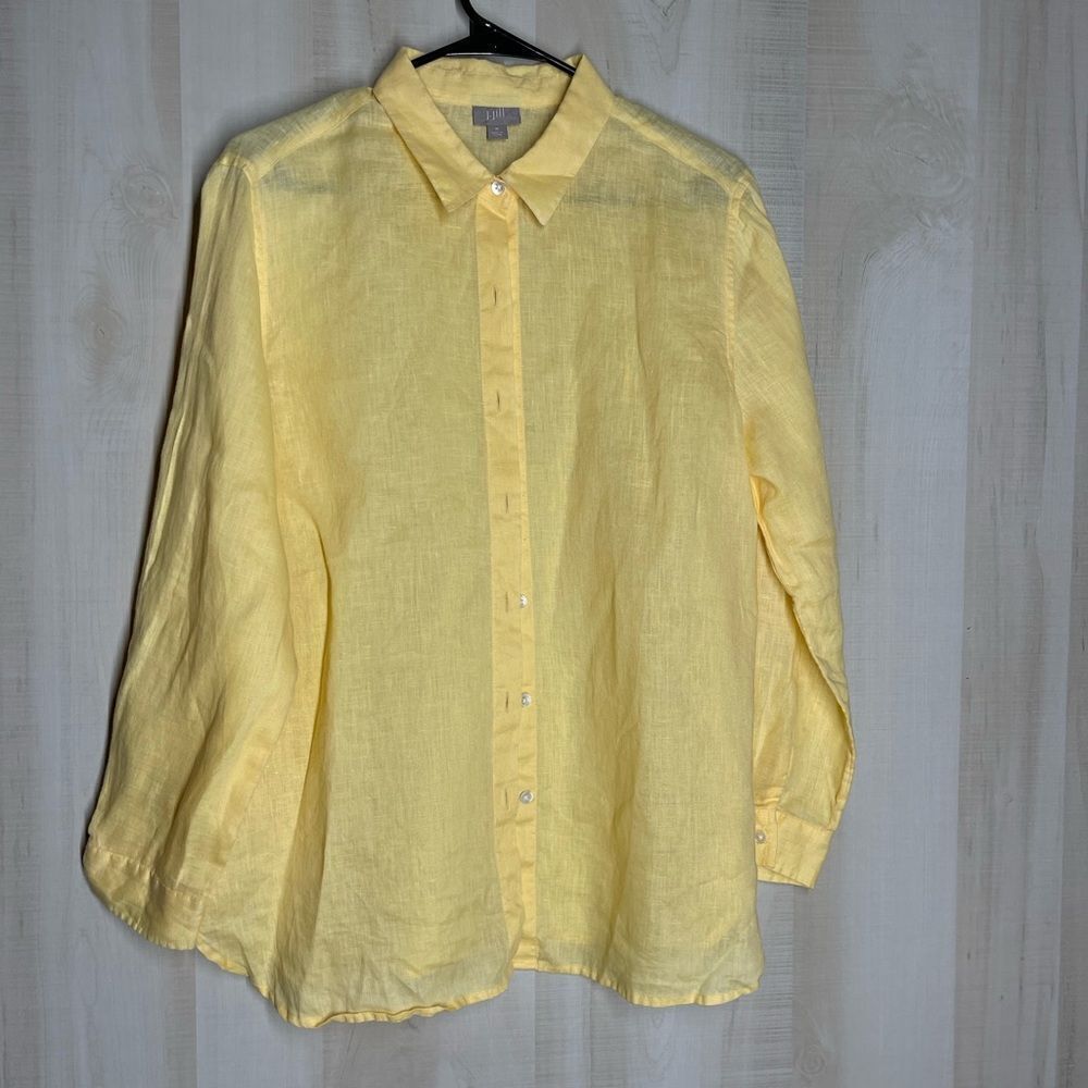 J. Jill yellow 100% linen long sleeve button front shirt blouse top, size medium - Picture 4 of 15